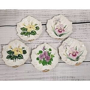 5 NASCO Porcelain Tea Bag Saucers Gpld Trim Floral Leaf Shape Vintage Japan